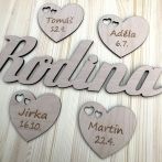 Dekorace Rodina + 2 až 5 srdíček se jmény a daty
